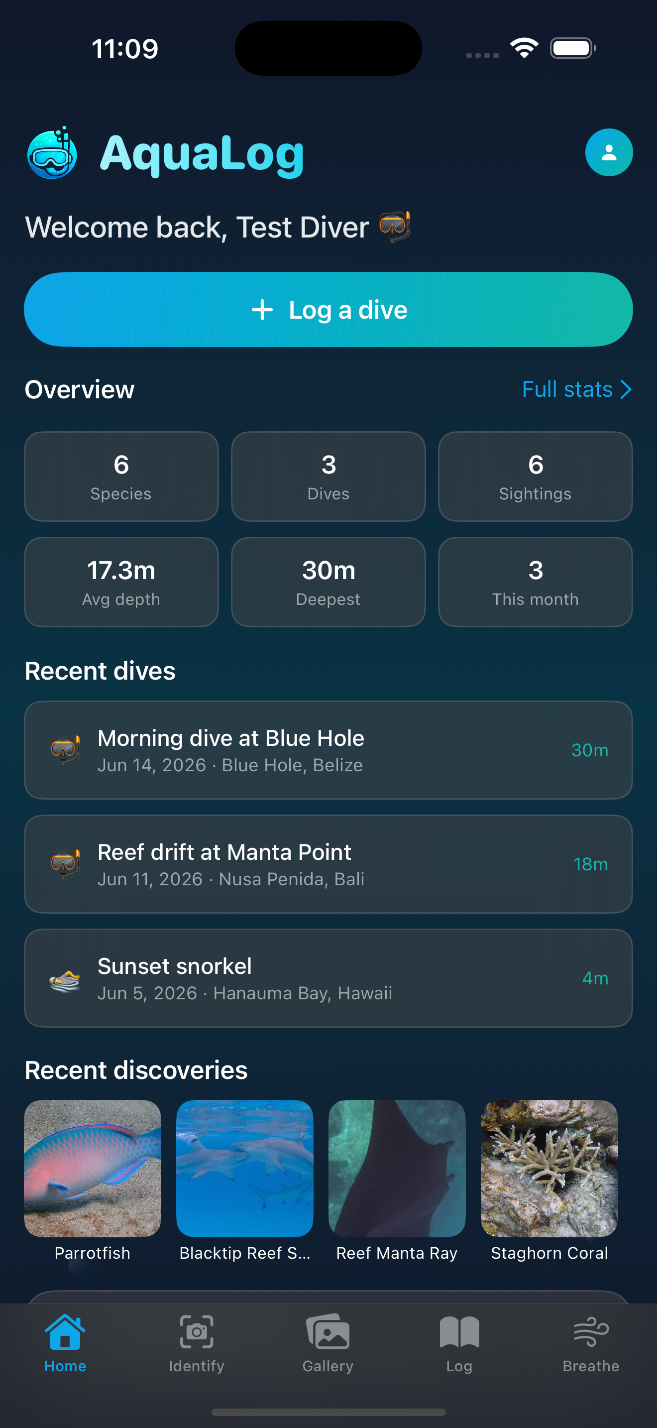 AquaLog home dashboard